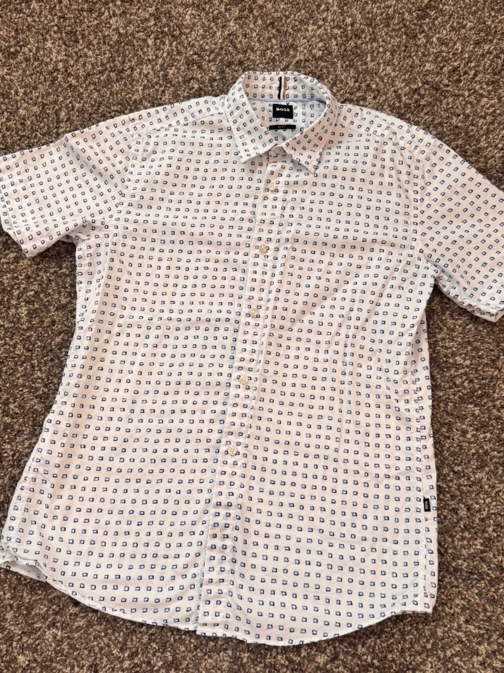 Boss -blue geometric square pattern short-sleeve shirt-Size M (slim fit)